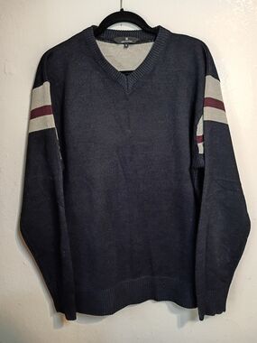 Grunge VTG 90s Navy V-Neck Sweater with Gray and Burgundy Sleeve Stripes Mens XL